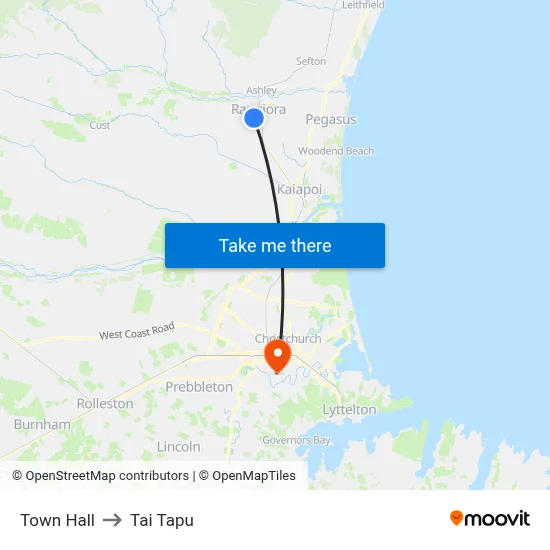 Town Hall to Tai Tapu map