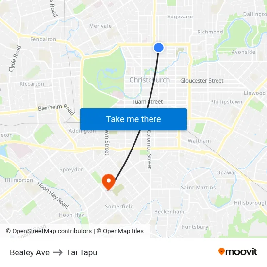 Bealey Ave to Tai Tapu map