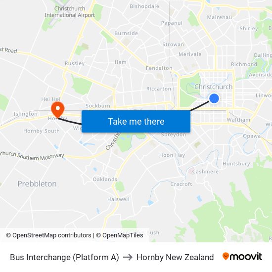 Bus Interchange (Platform A) to Hornby New Zealand map