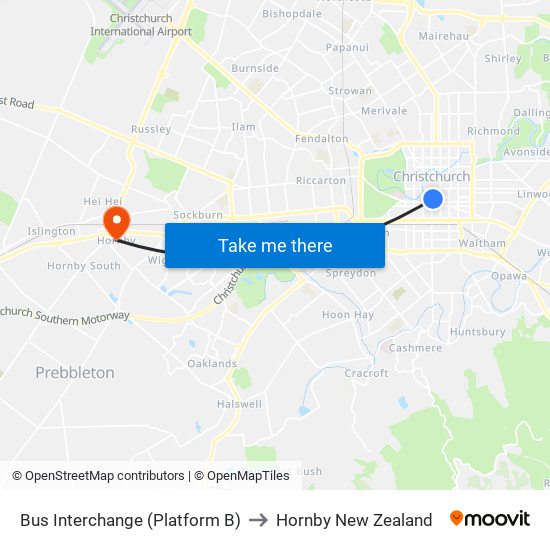 Bus Interchange (Platform B) to Hornby New Zealand map