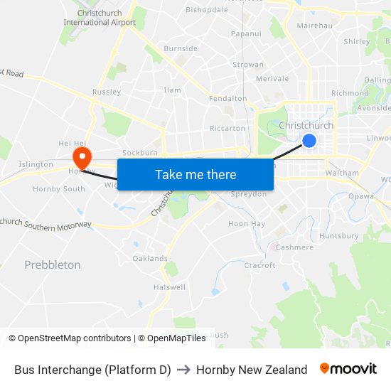 Bus Interchange (Platform D) to Hornby New Zealand map