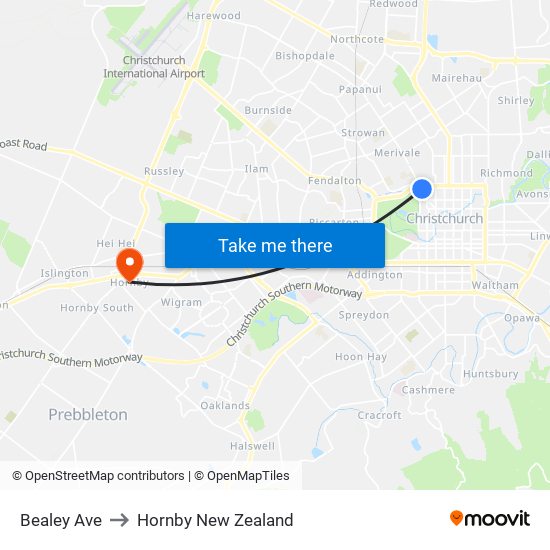 Bealey Ave to Hornby New Zealand map