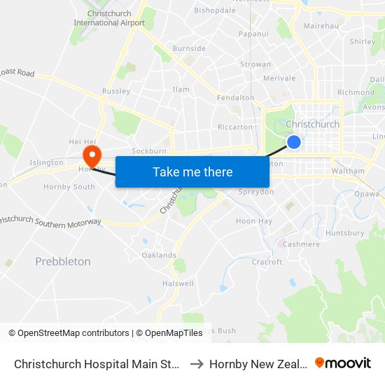 Christchurch Hospital Main Stop Eb to Hornby New Zealand map