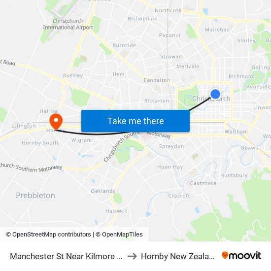 Manchester St Near Kilmore St to Hornby New Zealand map