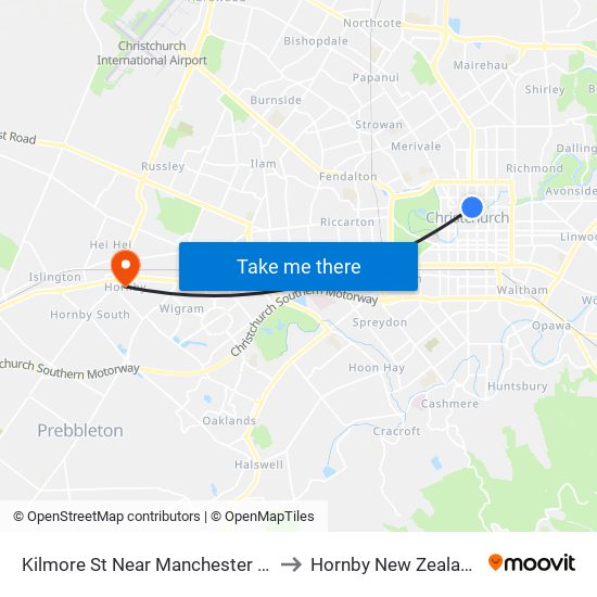 Kilmore St Near Manchester St to Hornby New Zealand map