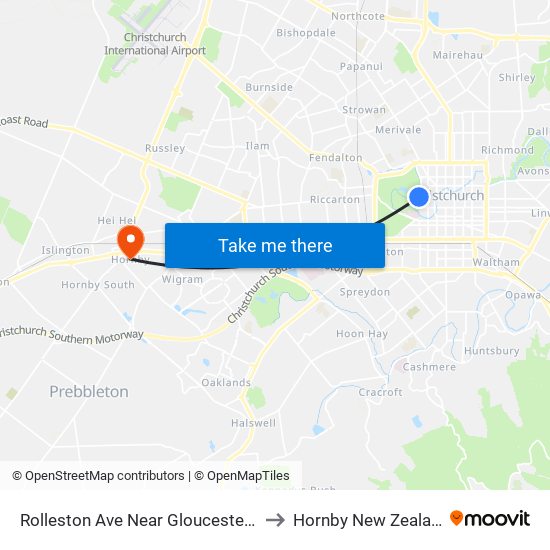 Rolleston Ave Near Gloucester St to Hornby New Zealand map
