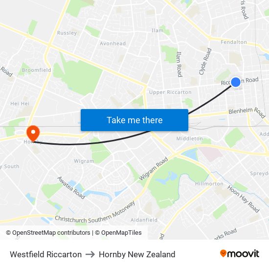 Westfield Riccarton to Hornby New Zealand map