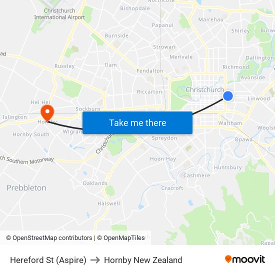 Hereford St (Aspire) to Hornby New Zealand map