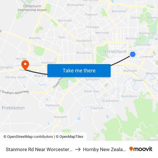 Stanmore Rd Near Worcester St to Hornby New Zealand map