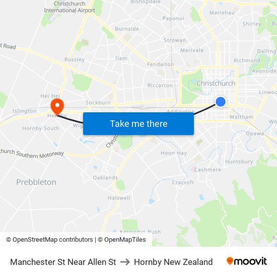 Manchester St Near Allen St to Hornby New Zealand map