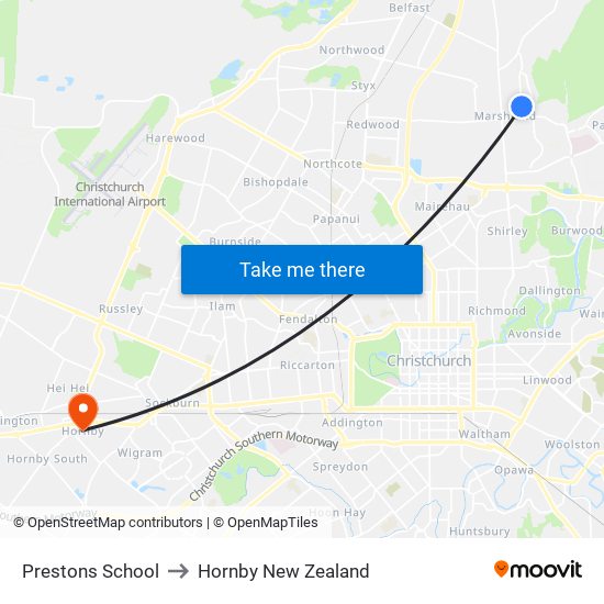 Prestons School to Hornby New Zealand map