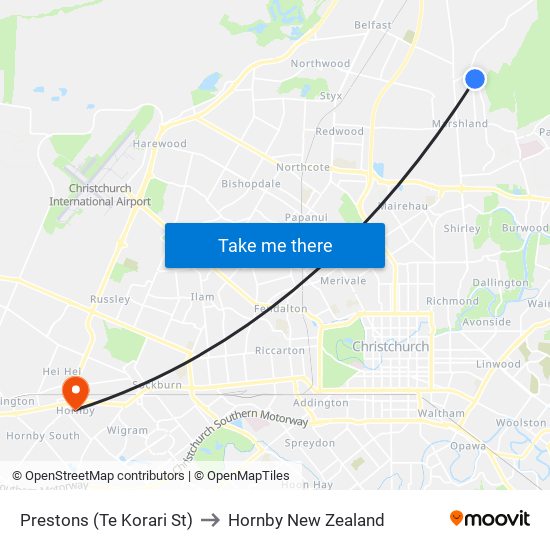 Prestons (Te Korari St) to Hornby New Zealand map