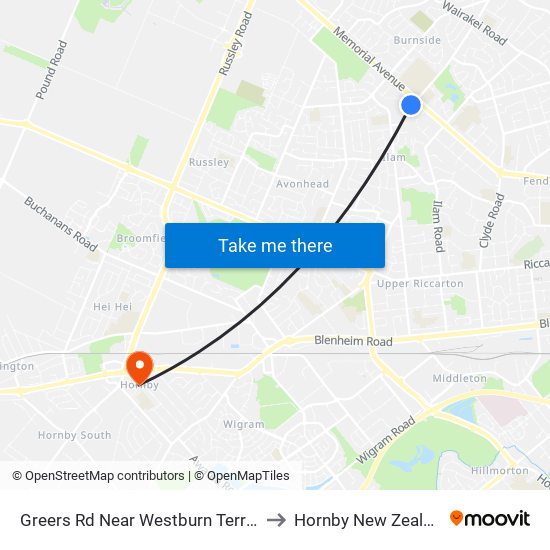 Greers Rd Near Westburn Terrace to Hornby New Zealand map