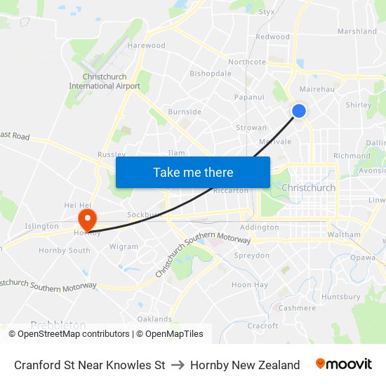 Cranford St Near Knowles St to Hornby New Zealand map