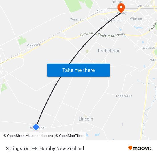 Springston to Hornby New Zealand map