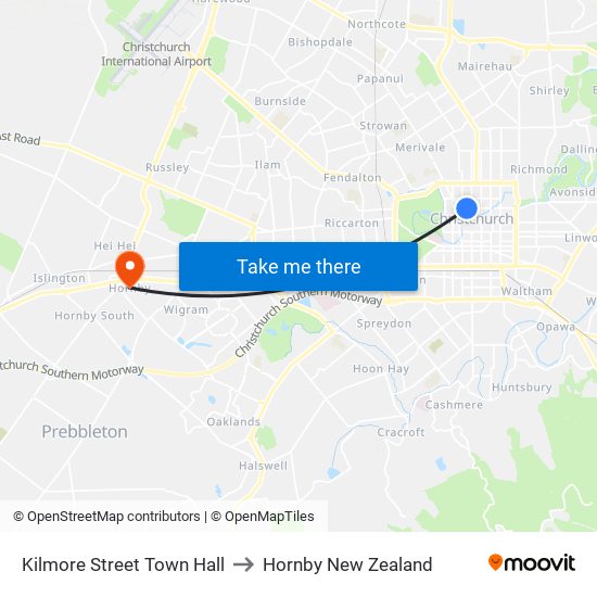 Kilmore Street Town Hall to Hornby New Zealand map