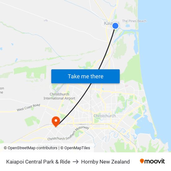 Kaiapoi Central Park & Ride to Hornby New Zealand map