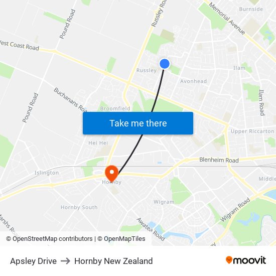 Apsley Drive to Hornby New Zealand map