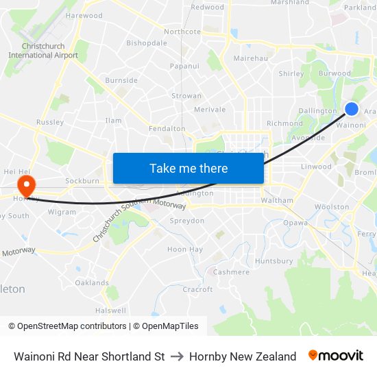 Wainoni Rd Near Shortland St to Hornby New Zealand map