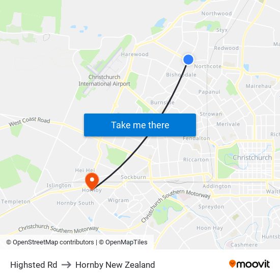 Highsted Rd to Hornby New Zealand map