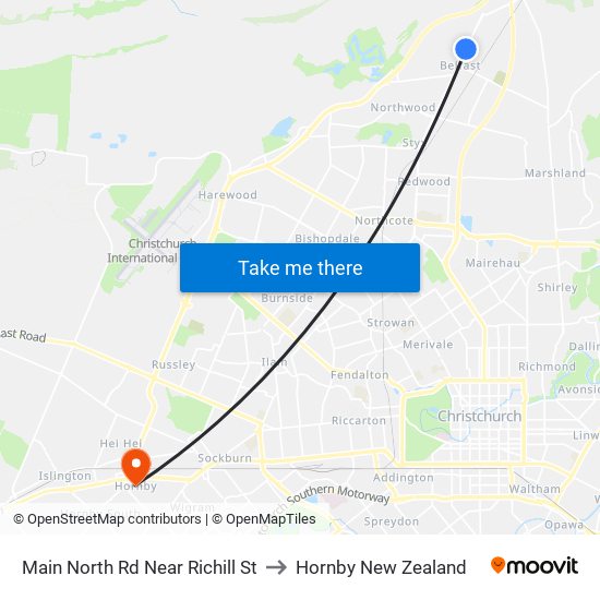 Main North Rd Near Richill St to Hornby New Zealand map
