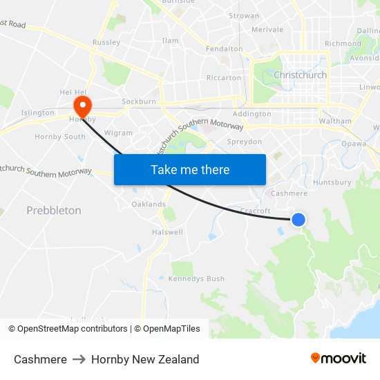 Cashmere to Hornby New Zealand map