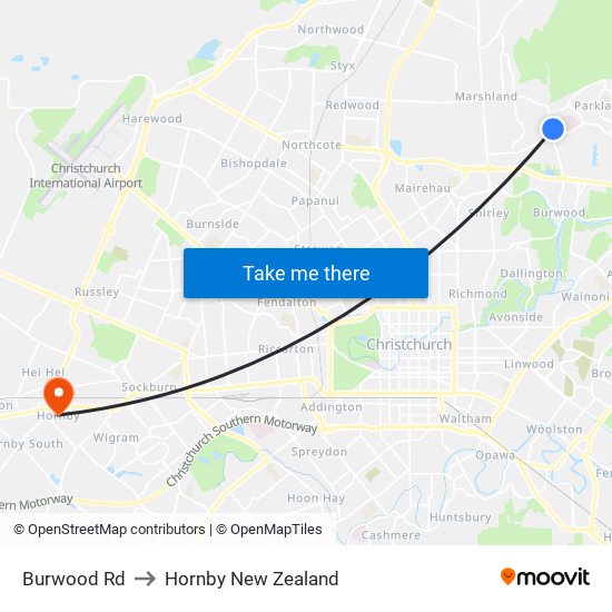 Burwood Rd to Hornby New Zealand map