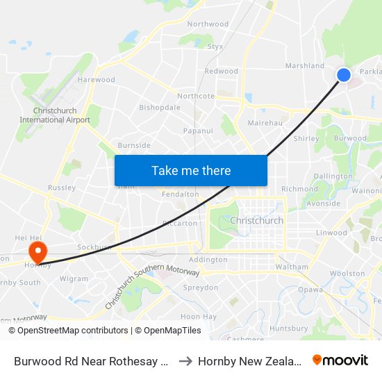 Burwood Rd Near Rothesay Rd to Hornby New Zealand map