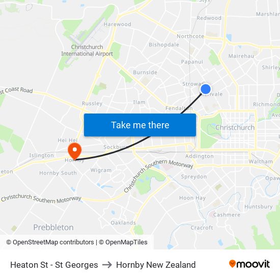 Heaton St - St Georges to Hornby New Zealand map