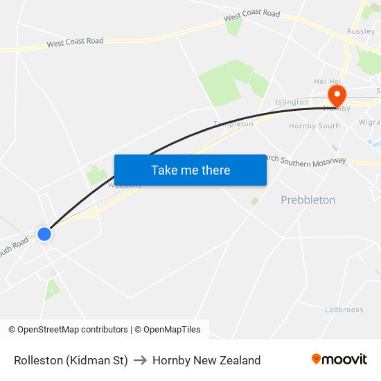 Rolleston (Kidman St) to Hornby New Zealand map