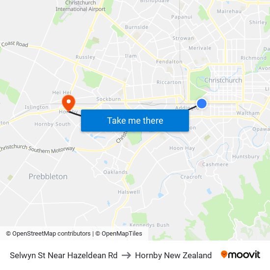 Selwyn St Near Hazeldean Rd to Hornby New Zealand map