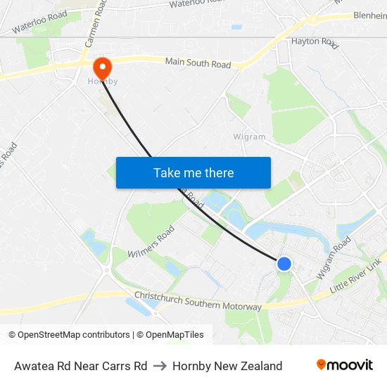 Awatea Rd Near Carrs Rd to Hornby New Zealand map