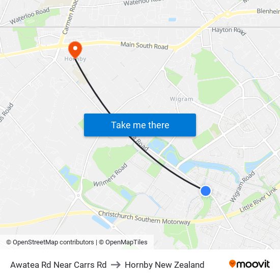 Awatea Rd Near Carrs Rd to Hornby New Zealand map