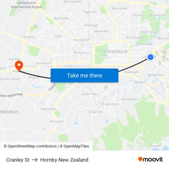 Cranley St to Hornby New Zealand map