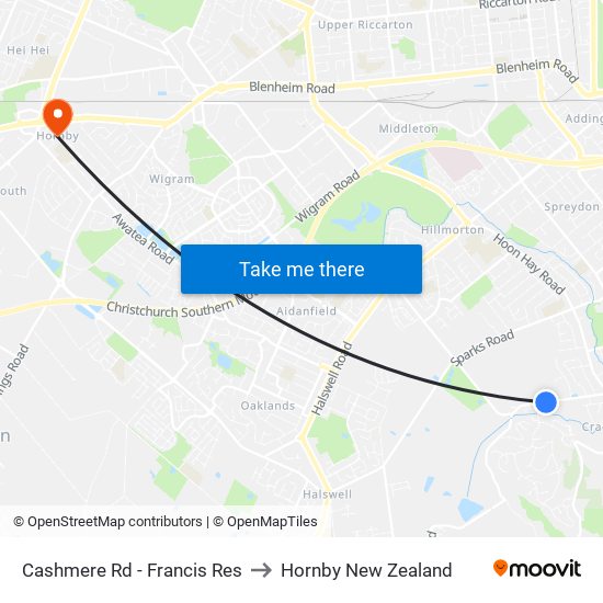 Cashmere Rd - Francis Res to Hornby New Zealand map