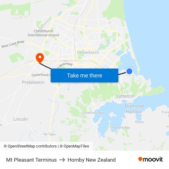 Mt Pleasant Terminus to Hornby New Zealand map