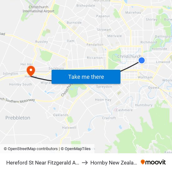 Hereford St Near Fitzgerald Ave to Hornby New Zealand map