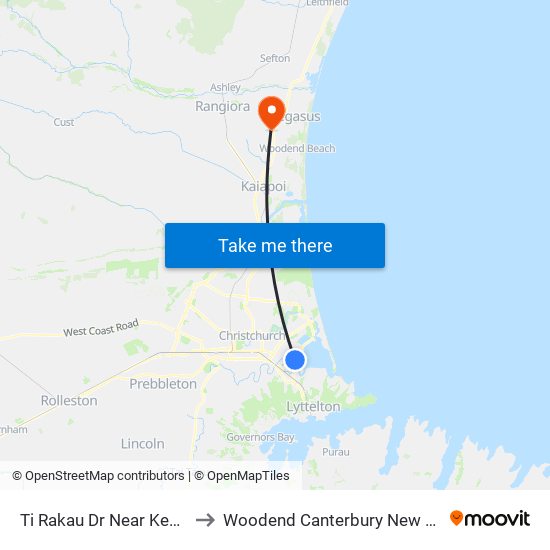 Ti Rakau Dr Near Kestrel Pl to Woodend Canterbury New Zealand map