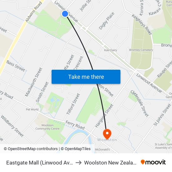 Eastgate Mall (Linwood Ave) to Woolston New Zealand map