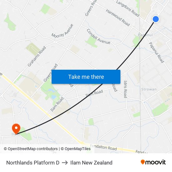 Northlands Platform D to Ilam New Zealand map