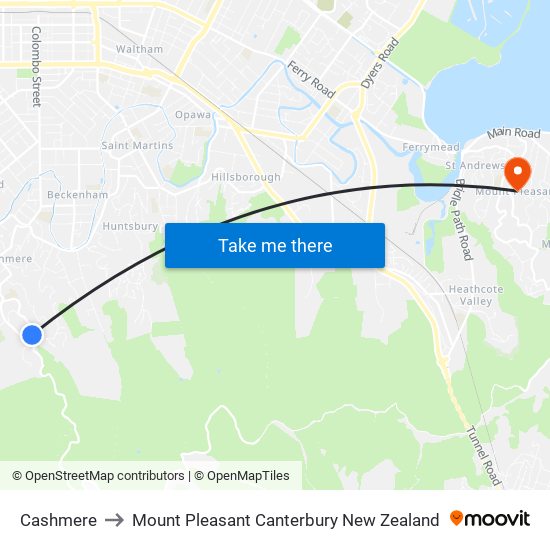 Cashmere to Mount Pleasant Canterbury New Zealand map