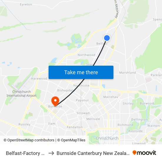 Belfast-Factory Rd to Burnside Canterbury New Zealand map