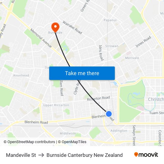 Mandeville St to Burnside Canterbury New Zealand map