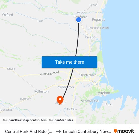 Central Park And Ride (White St) to Lincoln Canterbury New Zealand map