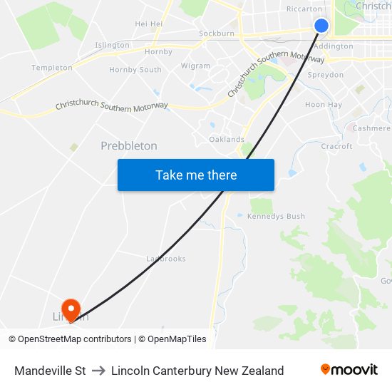 Mandeville St to Lincoln Canterbury New Zealand map
