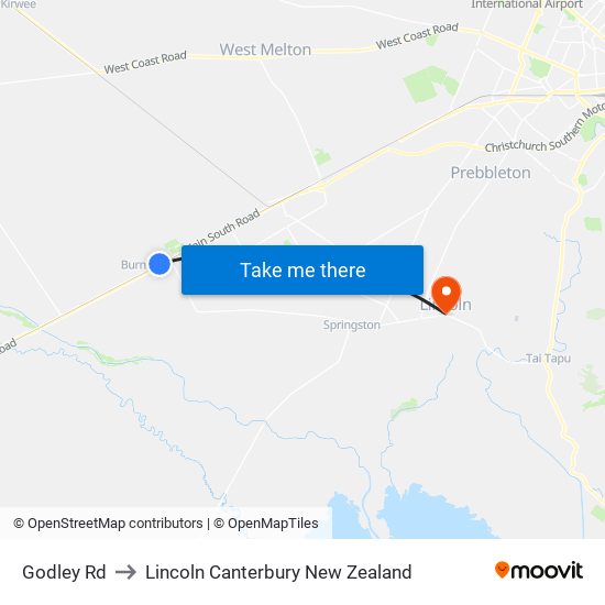Godley Rd to Lincoln Canterbury New Zealand map