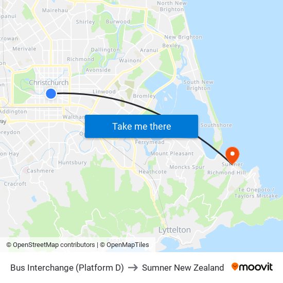 Bus Interchange (Platform D) to Sumner New Zealand map