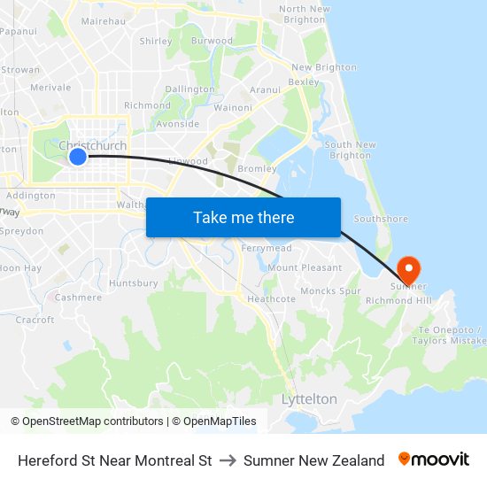 Hereford St Near Montreal St to Sumner New Zealand map