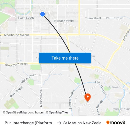 Bus Interchange (Platform B) to St Martins New Zealand map