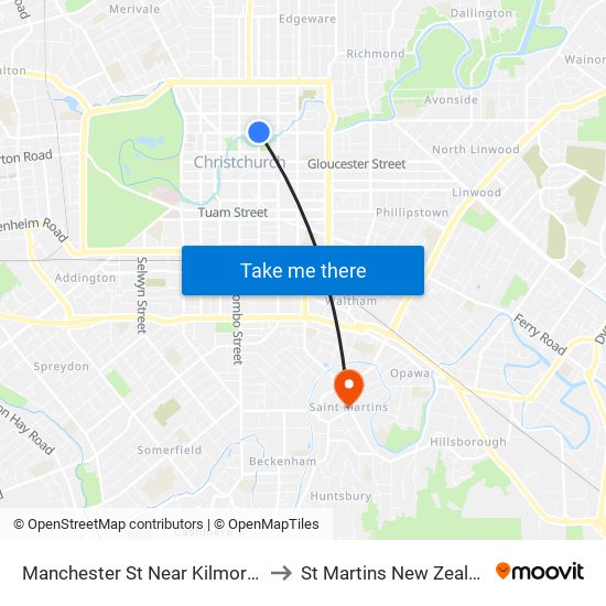 Manchester St Near Kilmore St to St Martins New Zealand map